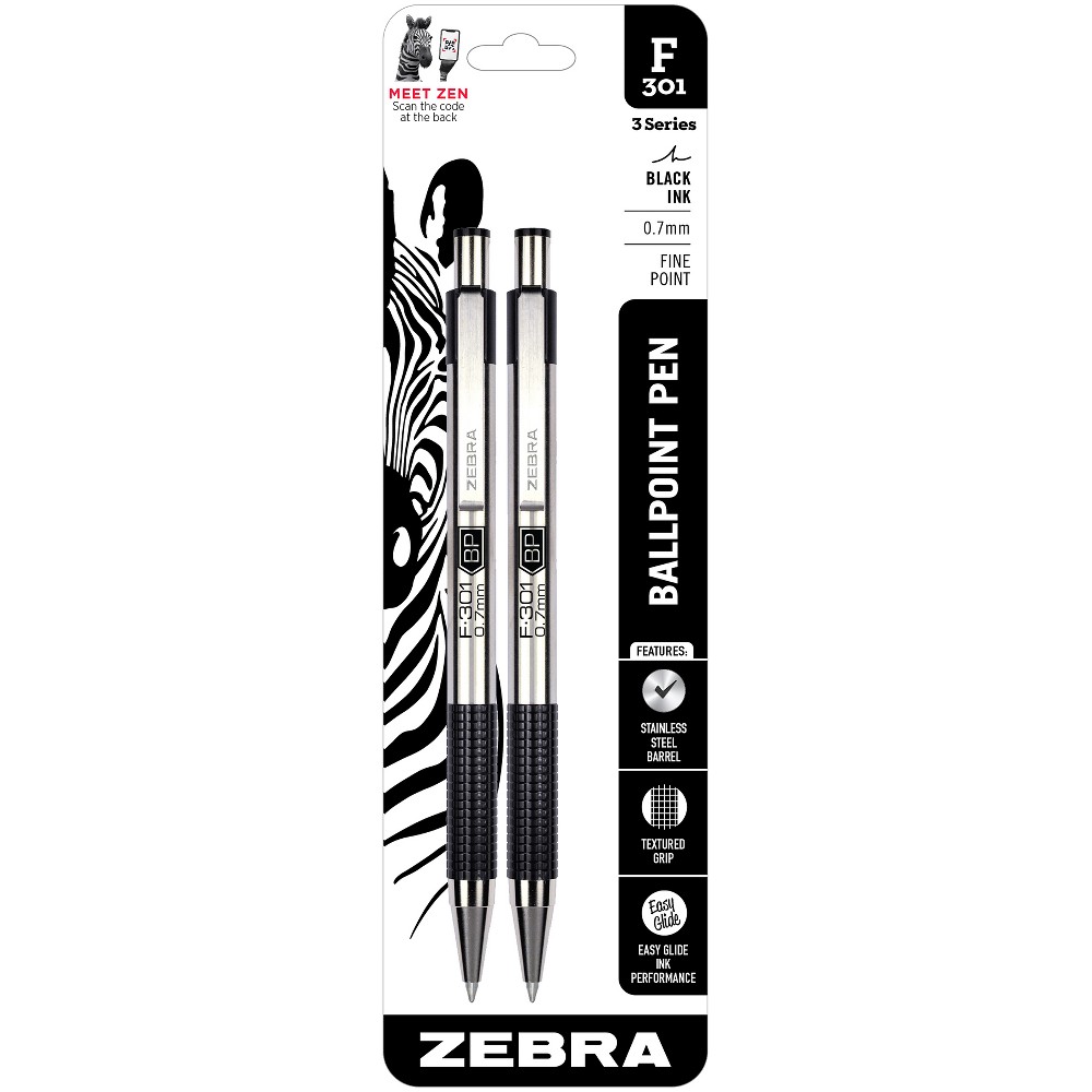 Photos - Accessory Zebra 2ct F-301 Ballpoint Pens Black Ink Fine .7mm: Contoured Grip, 5.125" Length, Stationery & Office Supplies 