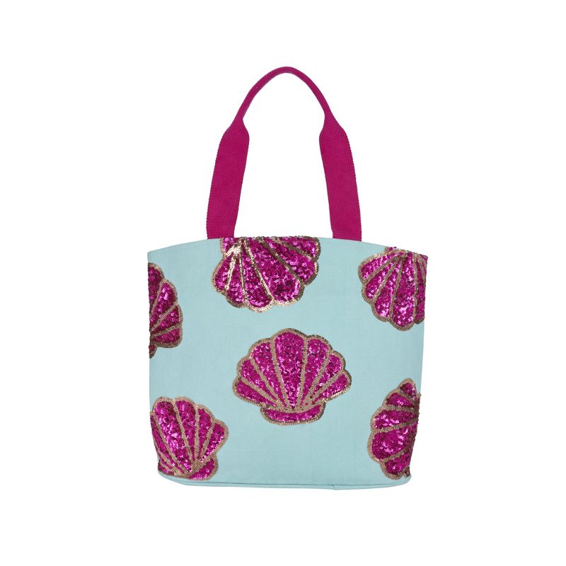 Mina Victory Pink Sequin Seashells 22" x 15" x 6" Beach Bag with Matching Clutch Turquoise, 4 of 9