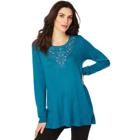 Roaman's Women's Plus Size Lace-applique Pullover Sweater, 18/20 - Deep ...