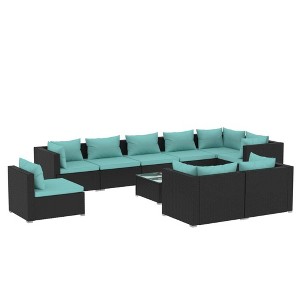 vidaXL 10 Piece Poly Rattan Patio Lounge Set in Black with Cushions - Weather-Resistant Material, Modular Design, Easy Assembly, Optimal Comfort - 1 of 4