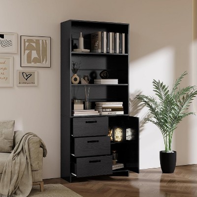 6-Tier Bookshelf w/ Door & 3 Drawers, 71" Wood Bookcase - Open Shelves & Storage for Office, Living Room, Bedroom
