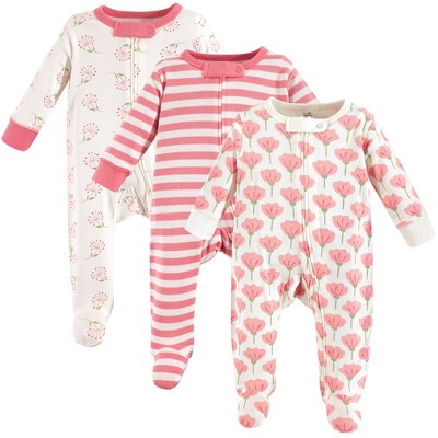 Touched by Nature Baby Girl Organic Cotton Zipper Sleep and Play 3pk, Tulip