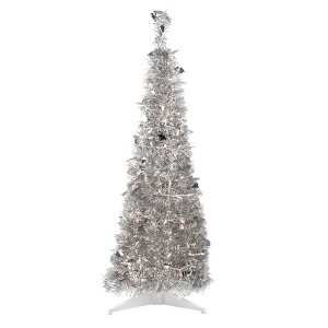 Northlight 4' Pre-Lit Silver Tinsel Pop-Up Artificial Christmas Tree, Clear Lights - 1 of 4