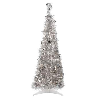 Northlight 4' Pre-Lit Silver Tinsel Pop-Up Artificial Christmas Tree, Clear Lights