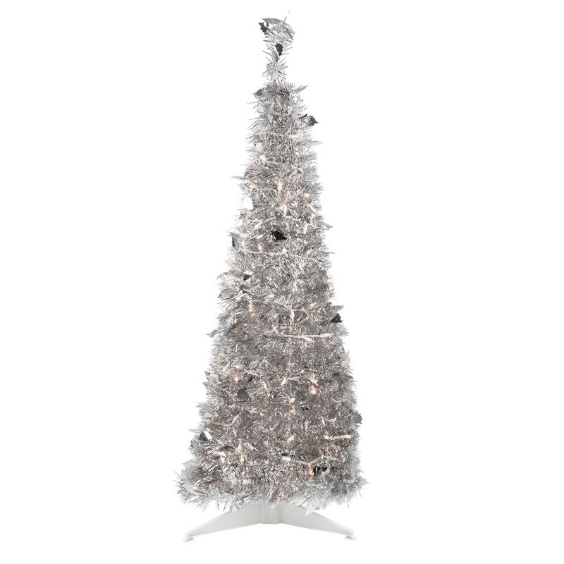 Northlight 4' Pre-Lit Silver Tinsel Pop-Up Artificial Christmas Tree, Clear Lights, 1 of 8