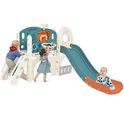 7-in-1 Kids Slide Playset Climbing Crawling Playhouse With Slide Basketball Hoop Ring Toss Tunnel For Boys Girls Birthday Xmas Gifts