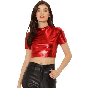INSPIRE CHIC Women's Party Short Sleeve Mock Neck Holographic Metallic Crop Top - 1 of 4