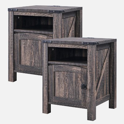 SinCiDo Farmhouse Nightstand Set of 2 w/Charging Station, 18" Rustic Wood End Tables w/Adjustable Shelves, Side Table for Bedroom, Dark Rustic Oak