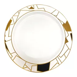 Smarty Had A Party 10.25" White with Black and Gold Abstract Squares Pattern Round Disposable Plastic Dinner Plates (120 Plates)