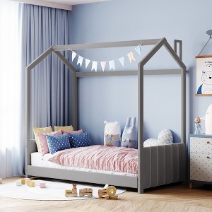 TIRAMISUBEST Twin/Full Size Velvet House Bed Wood Daybed, Upholstered Daybed Frame Sofa Bed with Roof Design and Slats Support - 1 of 4