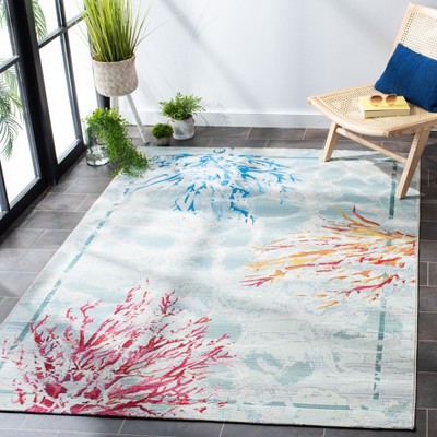 Teal and White Tropical Coral Design Synthetic 4' x 6' Area Rug