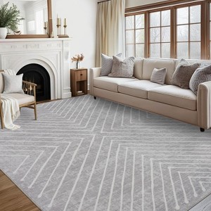 Modern Striped 5x7 Light Grey Washable Rug, Non-Slip Stain-Resistant Low Pile Carpet for Bedroom, Living Room, or Office Decor - 1 of 4