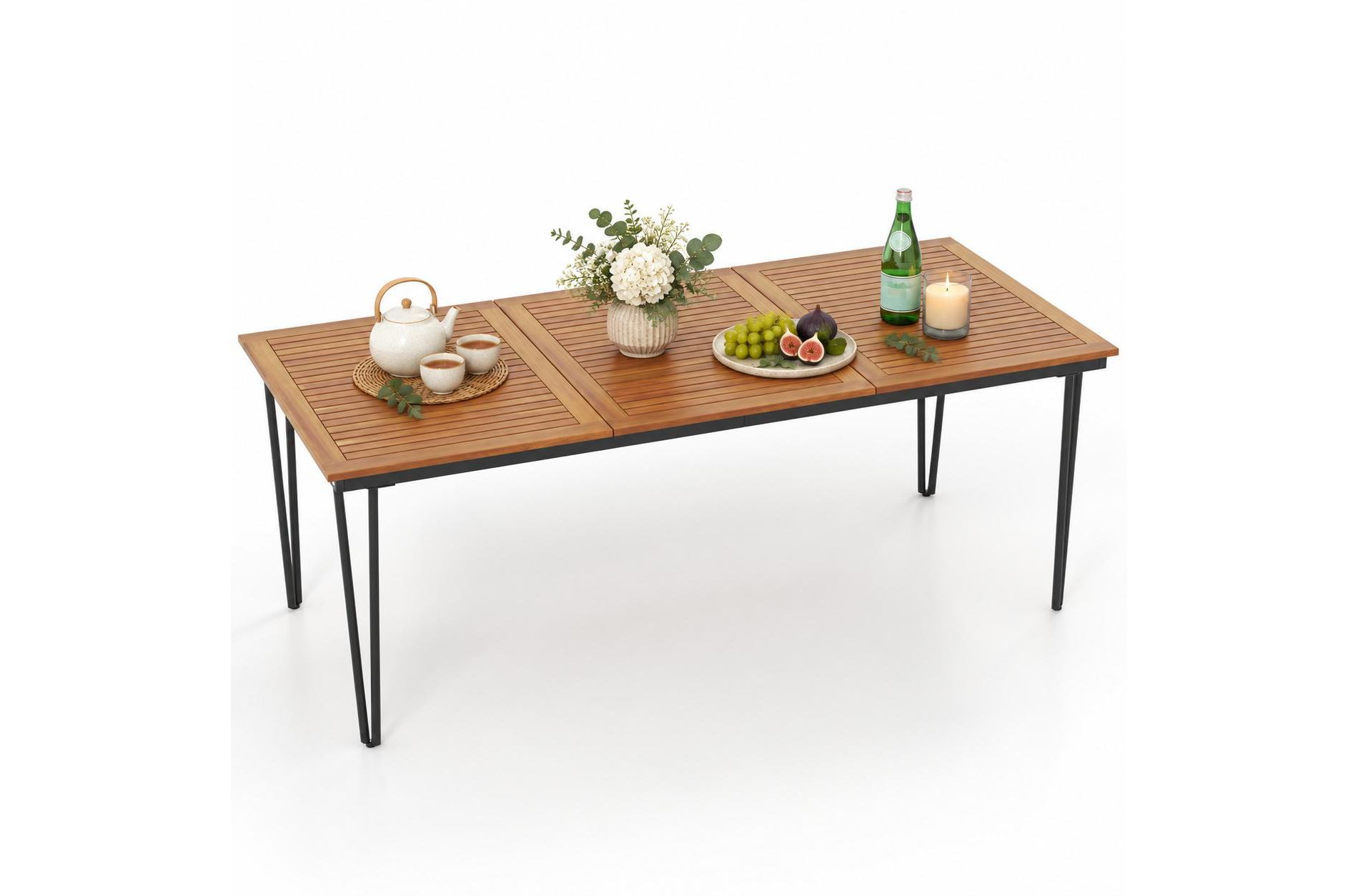79 Inch Outdoor Dining Table for 8 with 1.9 Inch Umbrella Hole, Acacia Wood Top and Rustproof Metal Frame