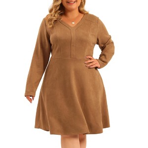 Agnes Orinda Women's Plus Size Faux Suede V Neck Long Sleeve A-Line Dress - 1 of 4