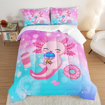 Acoinel 3 Pcs Axolotl and Milk Tea Lightwight Ultra Soft Comforter Set with 2 Pillowcases, Pink