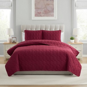 VCNY 3pc Full/Queen Circle Pinsonic Quilt Set Red: Hypoallergenic, Embroidered Microfiber, Includes 2 Shams - 1 of 4
