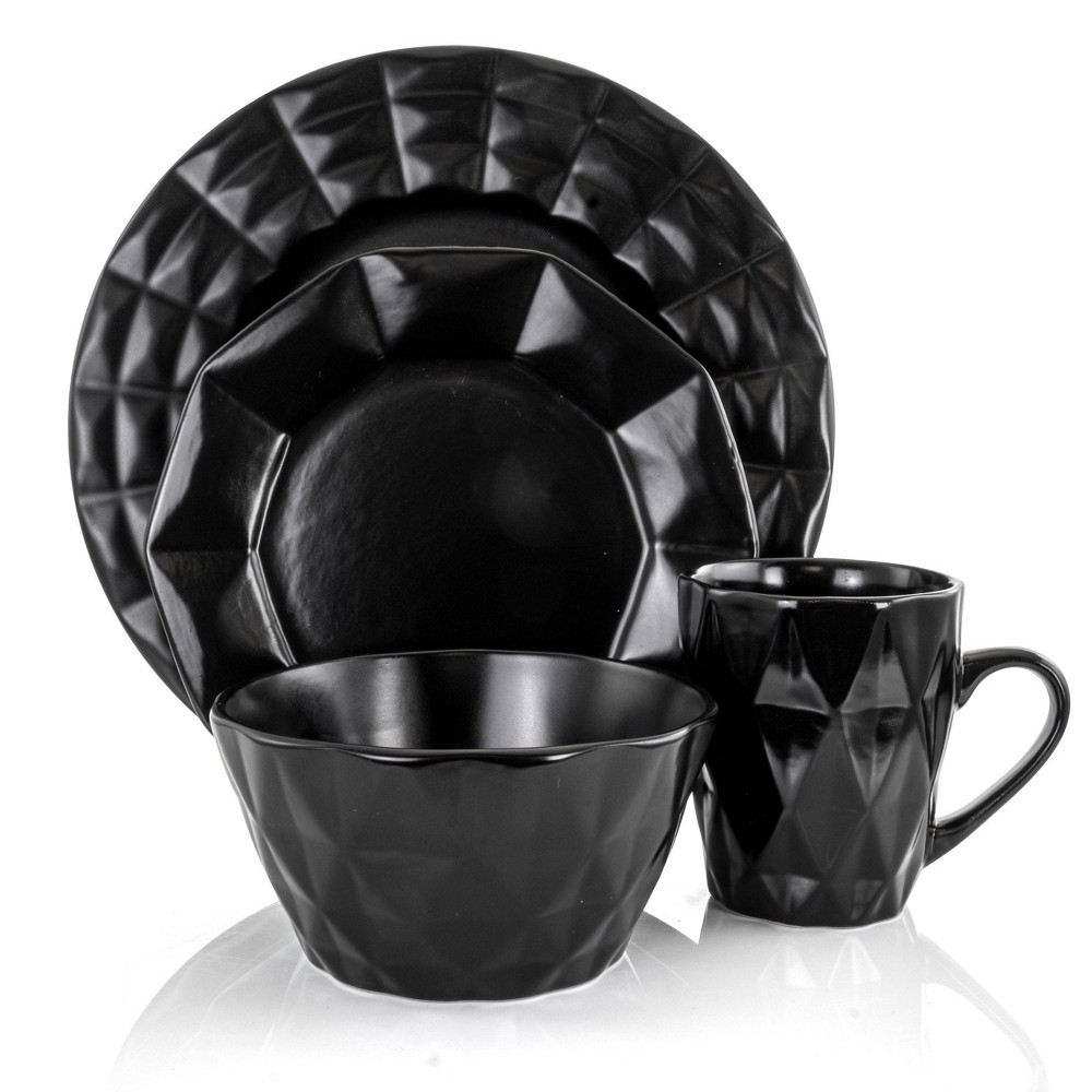 Photos - Other kitchen utensils 16pc Stoneware Diamond Cut Dinnerware Set Black - Elama