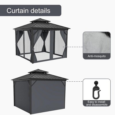 Outdoor Gazebo, Galvanized Steel Double Roof Canopy with Mosquito Net and Curtain, for Garden, Patio, Terrace, Party, Deck, Gray