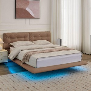 KTMBDW Floating Bed Frame Queen with Button Tufted Headboard and LED Lights,Upholstered Platform Bed Station,No Box Spring Needed,PU - 1 of 4
