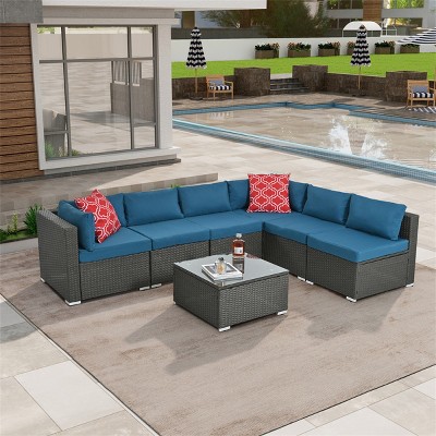 ELJGET 7 Piece Patio Furniture Set Outdoor Wicker Conversation Sets All Weather PE Rattan Sectional Sofa Set with Cushions & Coffee Table