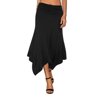 Women's Flowy Handkerchief Hem Midi Skirt - Asymmetric Boho Chic A-Line Skirt Black - 1 of 4