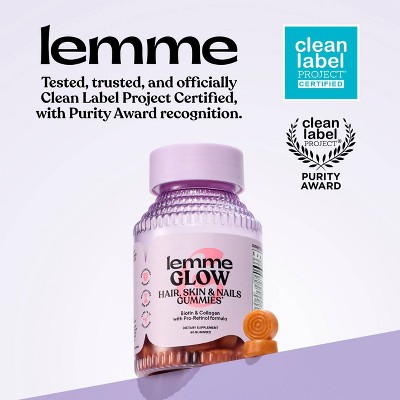 Lemme Glow Collagen Gummies - Hair, Skin & Nail Support - Biotin, Collagen, Trace Minerals & Vitamins - Peach Flavored - 60ct