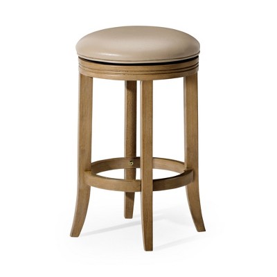 HomeRoots 26" Beige and Natural Faux Leather and Solid Wood Backless Counter Height Swivel Bar Chair