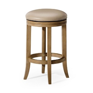 HomeRoots 26" Beige and Natural Faux Leather and Solid Wood Backless Counter Height Swivel Bar Chair - 1 of 4