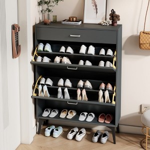 Shoe Cabinet With 2 Flip Drawers Open Shelf Modern Shoe Racks Storage Organizer For Narrow Closet Entryway Living Room - 1 of 4