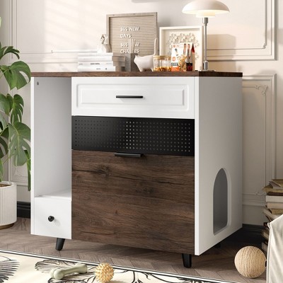 PexFix Cat Litter Box Enclosure Indoor Hidden Cat Litter Box with 2 Drawers and Door Cat House End Table for Living room White and Brown