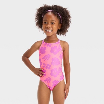 Image of Toddler Girls' Hibiscus Floral One Piece Swimsuit - Cat & Jack™ Pink 5T: UPF 50+ Protection, Crisscross Straps, Stretch Fabric