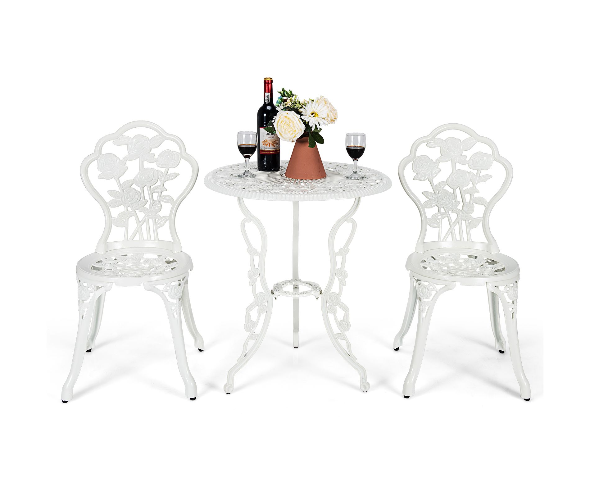 Tangkula Rose Design Bistro Set Antique Aluminum Bench Patio Garden Chair for Outdoor White