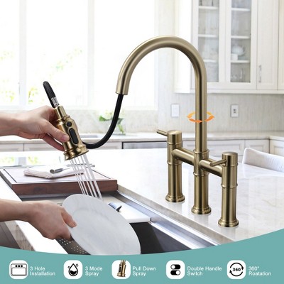 Gold Brass Double Handle Bridge Kitchen Faucet with Pull Down Sprayer