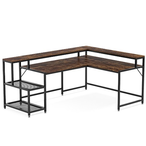 Tribesigns Reversible L Shaped Computer Desk with Monitor Stand, 69 inch Large Corner Desk with Storage Shelf, Industrial Computer Table Writing Desk