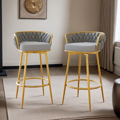 Swivel Counter Height Bar Stools Set of 2,31.5"Bar Height Stools with Hand-Woven Backrest & Gold Metal Legs - Leovsnove