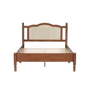 VYNXARIA Elevate Your Bedroom with This Stylish Black Full Size Wooden Platform Bed and Natural Rattan Headboard - 1 of 4