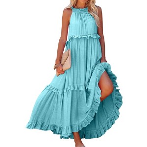 flowy ruffle maxi dress Women Halter V Neck Maxi Dress Cutout Backless Sleeveless Flowy Long Dress  Ruffle Trim Dress Summer Beach Sundress (Blue, L) at Amazon Women's  Clothing store