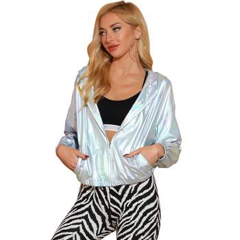 Allegra K Women's Holographic Shiny Long Sleeve Zipper Hooded Metallic Jacket