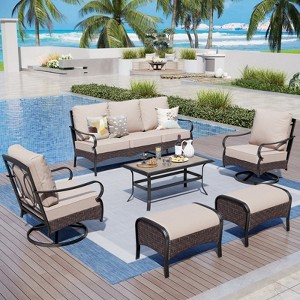 Captiva Designs 6pc extra large metal and rattan outdoor patio conversation set with table, swivel armchairs and ottoman - 1 of 4