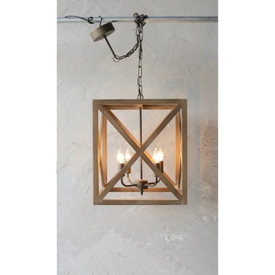 Natural Brown Wood and Metal Cage Chandelier, 4-Bulb