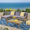 Outdoor Sectional Sofa Set, 3 Pcs Acacia Sofa Set for 3 People, Sectional Sofas with Acacia Table, Wood Frame and PE Cushions-Coolbibila - 2 of 4