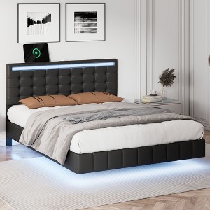 NicBex Full/Queen Floating Bed Frame with Headboard,Modern Upholstered Platform Bed Frame with LED Lights and USB,Wood Slats Support,No-Noise - 1 of 4