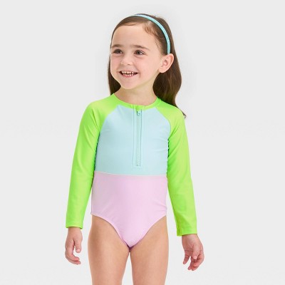 Baby Girls' Long Sleeve Colorblock Rashguard One Piece Swimsuit - Cat &  Jack™ Green 12M