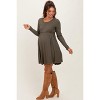 Pinkblush Olive Solid Ribbed Long Sleeve Crewneck Shirring Maternity Mini Dress - 3 of 4