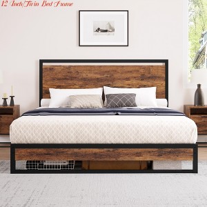 Twin/King Bed Frame w/Modern Wood Headboard & Footboard, 6"/12" Upgraded Heavy Duty Metal Sturdy Bed Frame, Stable Platform Bed Furniture Bed Storage - 1 of 4