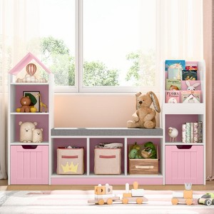 Kids Bookshelf with Seat Cushion & Movable Drawers, Multi-Purpose Toy Storage Bookcase - 1 of 4