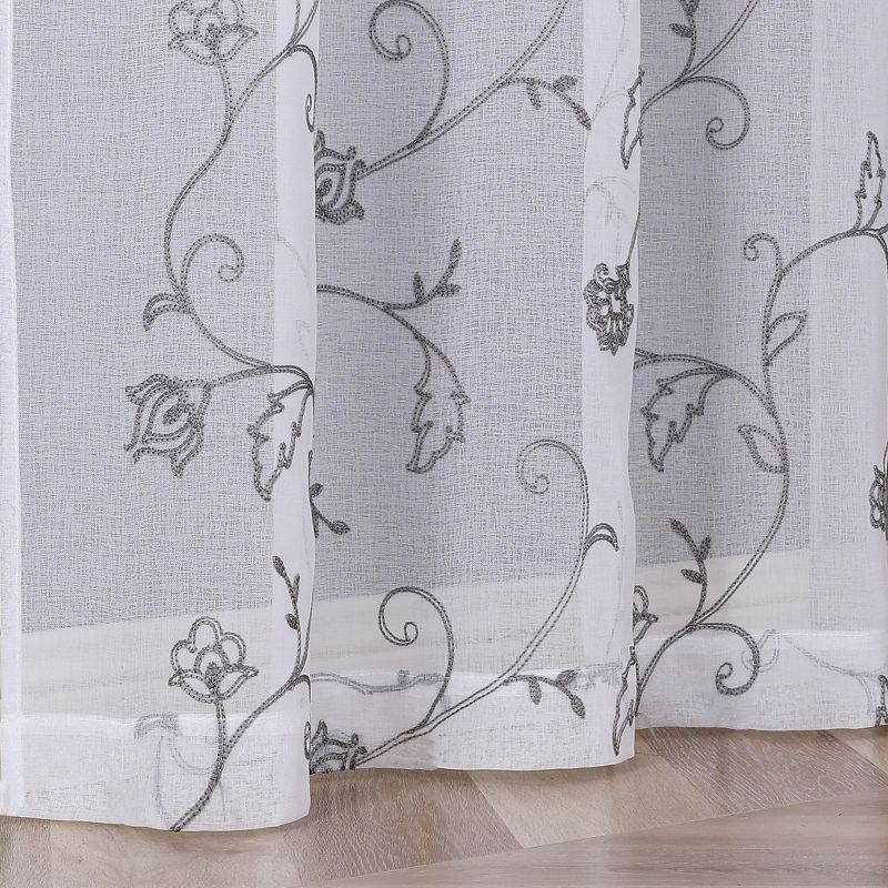 Kate Aurora 2 Piece Scroll Floral Embroidered Sheer Voile Grommet Top Window Curtains, 2 of 8
