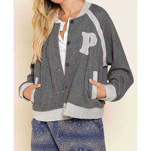 Women's French Terry Baseball Jacket - POL - 1 of 3