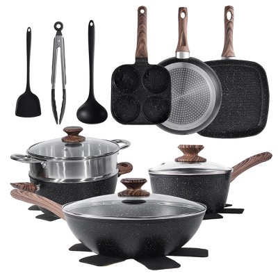 SEVOBAL Pots and Pans 17-Piece Non-Stick Cookware Set with Stay Cool Handle Glass Lids for Kitchen