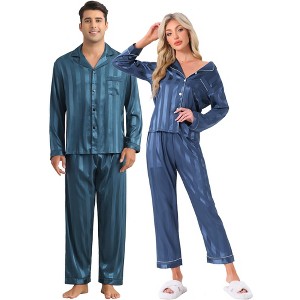 INSPIRE CHIC Couples Satin Pajamas Sets Long Sleeve Button Down Casual 2 Pack Striped Sleepwear - 1 of 4